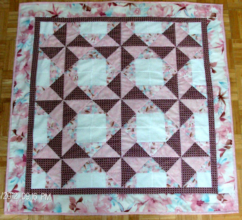 Windmill Baby Quilt, beautiful soft pink, brown, white and turquoise.  