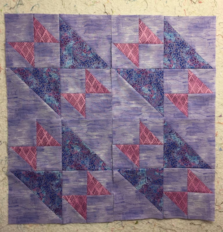 four squares of Old Maid's Puzzle 1 quilt blocks