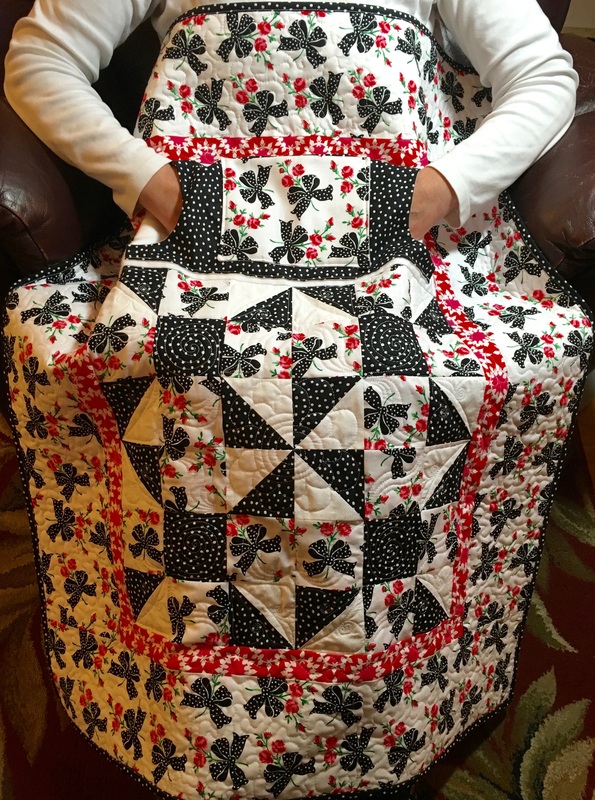 Black Ribbons Lovie Lap Quilt with Pockets from http://www.HomeSewnByCarolyn.com