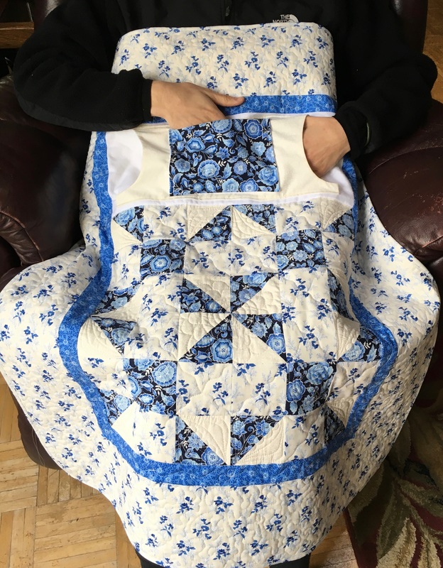 Blue Calico Puzzle Lovie Lap Quilt with Pockets from http://www.HomeSewnByCarolyn.com