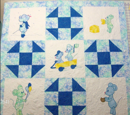 Blue Mouse Quilt with original art work from Wendy Mierop.