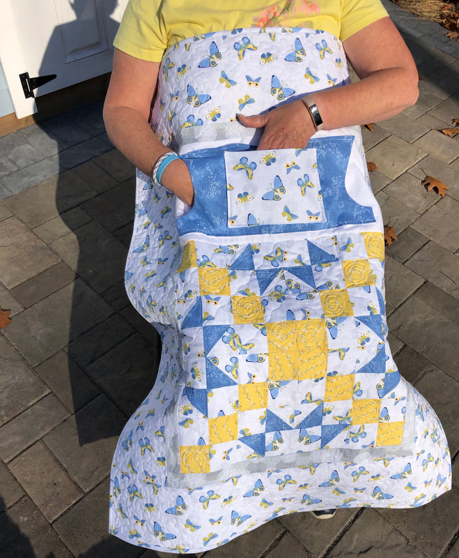 Blue and Yellow Butterfly Lovie Lap Quilt with Pockets.  Wheelchair lap quilt for sale.