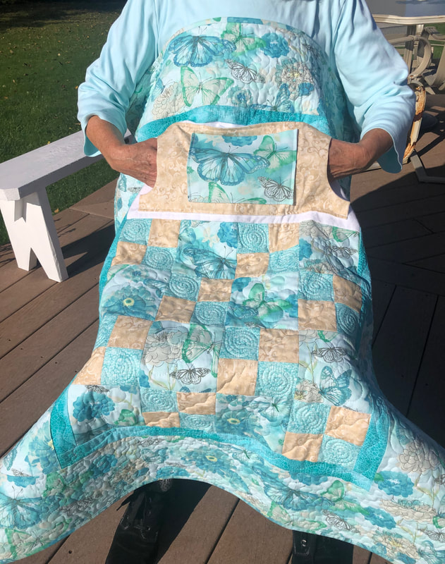 Teal Butterfly Lovie Lap Quilt with Pockets, wheelchair lap quilts