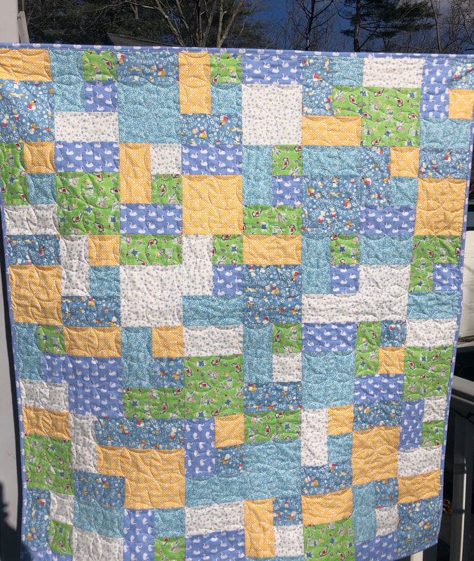 1930's Reproduction Baby Quilt in Blue, Yellow, Green and White, for sale, handmade