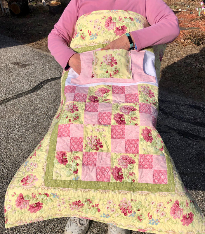 Wheelchair lap quilt with pockets, great Mother's Day gift.