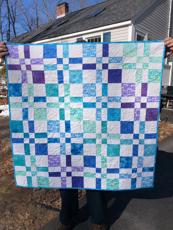Disappearing Four Patch Baby Quilt in Teal, Blue and Purple, for sale, crib quilt.