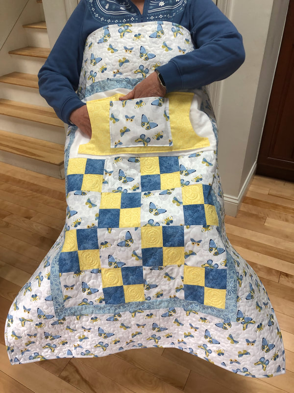 Blue and Yellow Butterfly Lovie Lap Quilt with Pockets, handmade, for sale, Mother's Day gifts