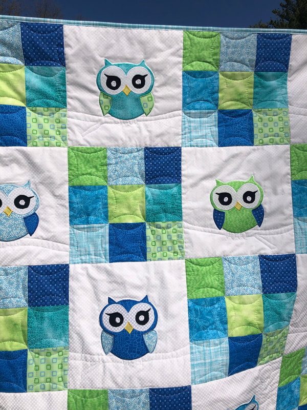 Owl Baby Quilt in Green and Blue.  Handmade baby quilt for sale.
